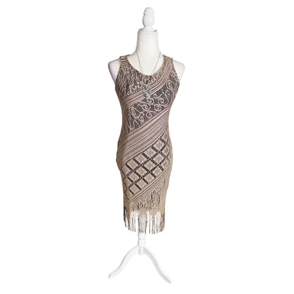 Vintage Y2K Savvy Crochet Lace Midi Dress Small Boho Festival Tassel Hem